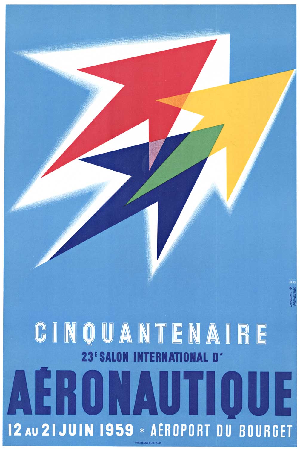 This mid-century modern original French poster is for an air show at the Bourget Airport which took place between the 12th and 21st of June, 1959. This is a bold and dynamic vintage poster that sweeps up the viewer in it playful design. The design wa