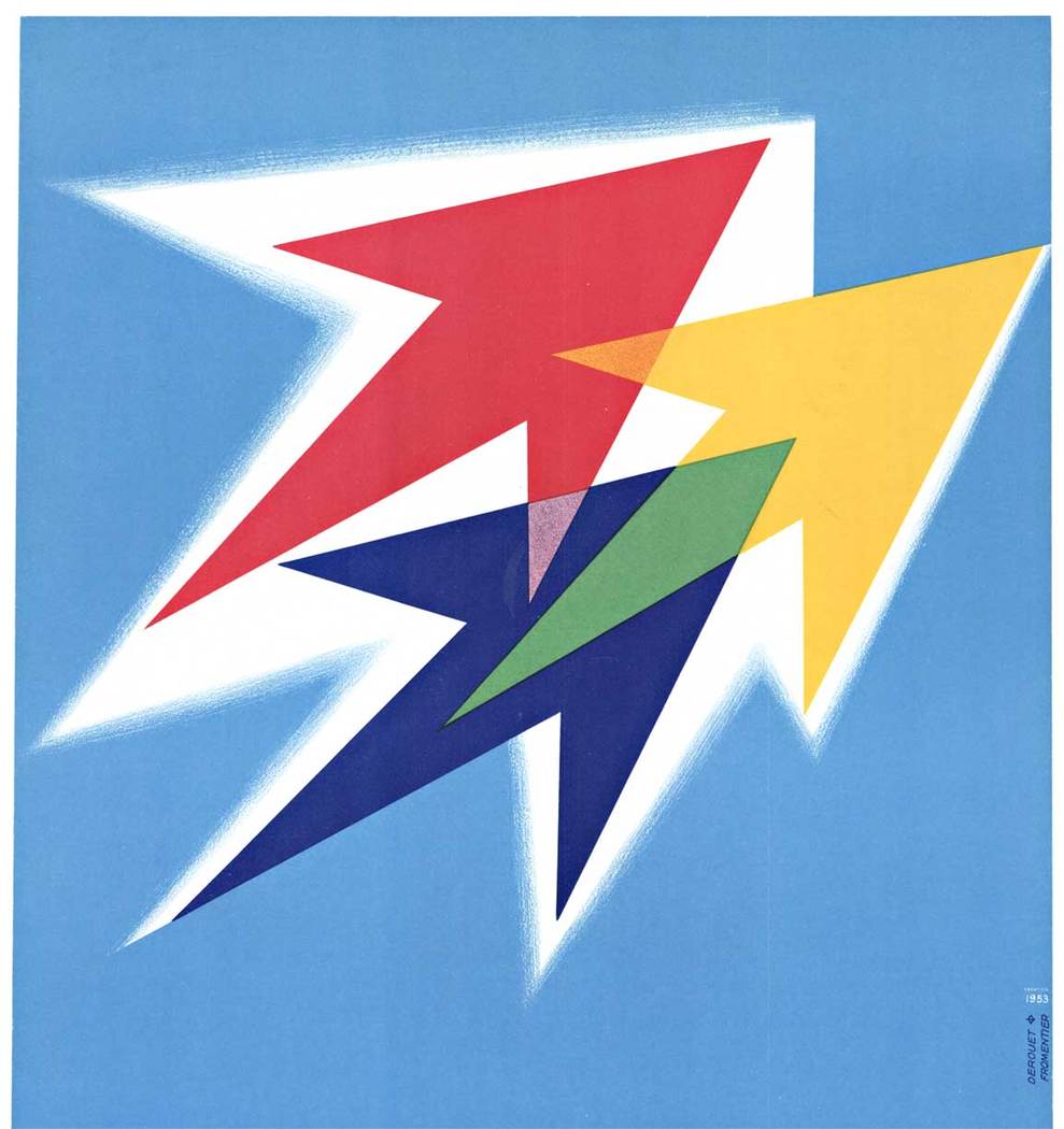 This mid-century modern original French poster is for an air show at the Bourget Airport which took place between the 12th and 21st of June, 1959. This is a bold and dynamic vintage poster that sweeps up the viewer in it playful design. The design wa