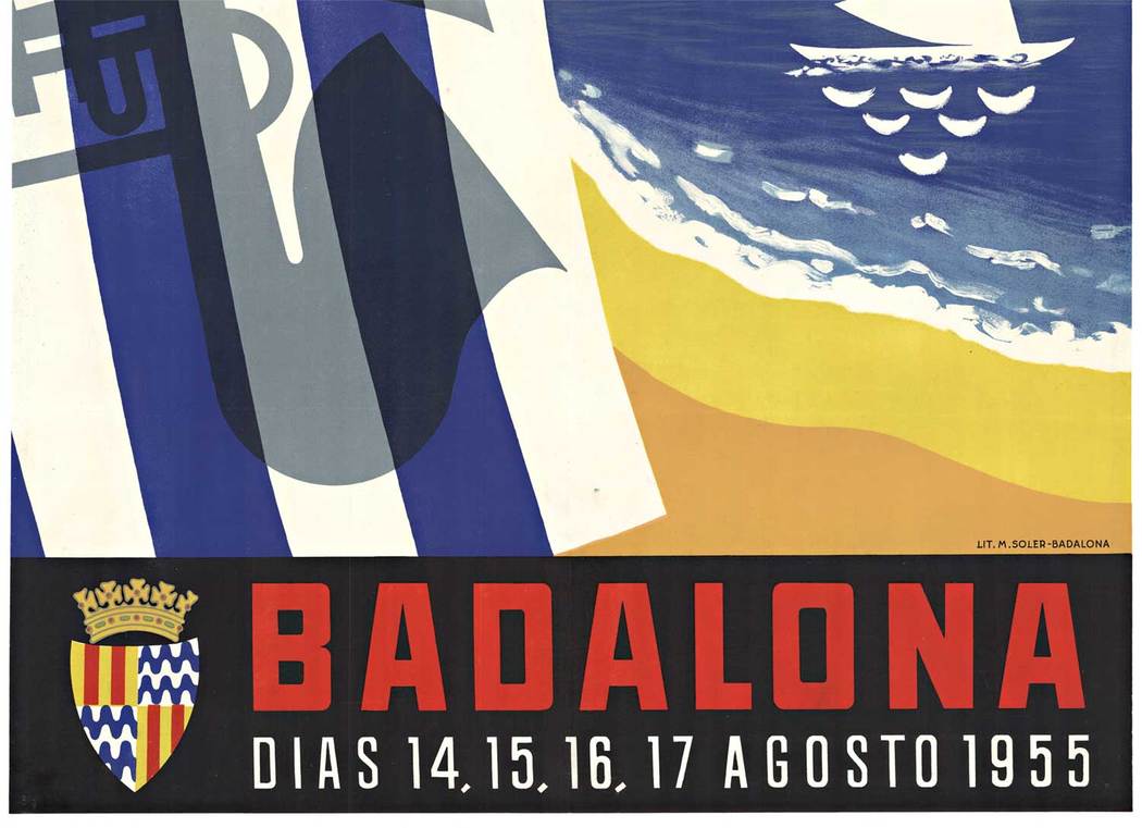 Music instruments are shadowed in the white and blue stripes on the left side, palm fronds, festive banners, and a sailboat out in the Mediterranean waters. The lower left corner has the city seal of the City of Badalona.