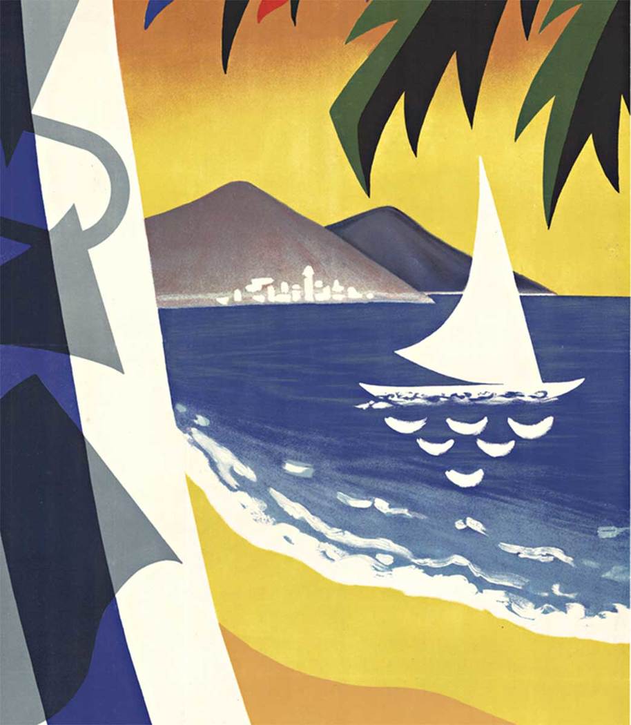 Music instruments are shadowed in the white and blue stripes on the left side, palm fronds, festive banners, and a sailboat out in the Mediterranean waters. The lower left corner has the city seal of the City of Badalona.
