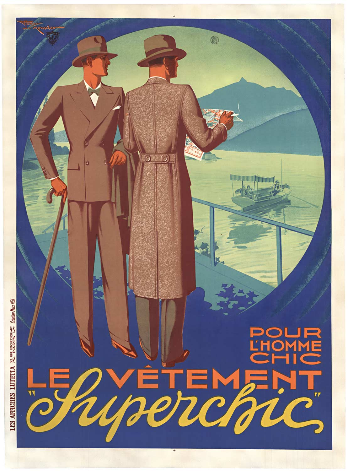 Original Le Vetement “Superchic” pour l’homme vintage French fashion poster. <br>Linen backed and ready to frame. These two dapper men, dressed in the finer suits and outerwear from Superchic” glaze out over the lake with a boat reflecting in the water.