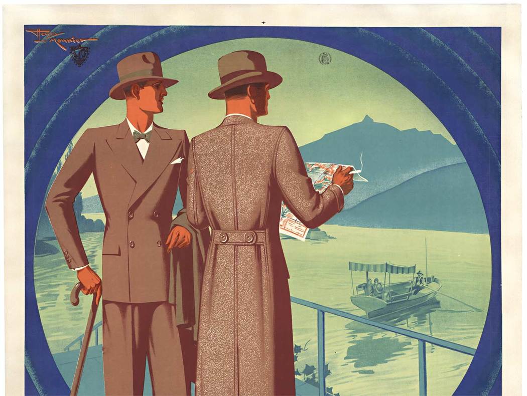 Original Le Vetement “Superchic” pour l’homme vintage French fashion poster. <br>Linen backed and ready to frame. These two dapper men, dressed in the finer suits and outerwear from Superchic” glaze out over the lake with a boat reflecting in the water.