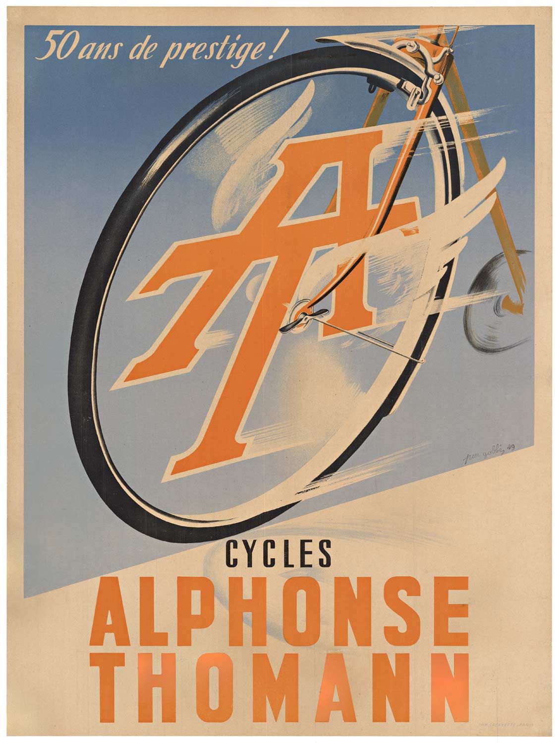 Original “Cycles Alphonse Thomann” 50th Anniversary vintage poster. <br>Printed in 1949. Artist: Pier Gobbe. <br>Printer: Imp. Lafayette, Paris, France. <br>Archival linen backed and ready to frame. <br> <br>The color palate of this vintage poster