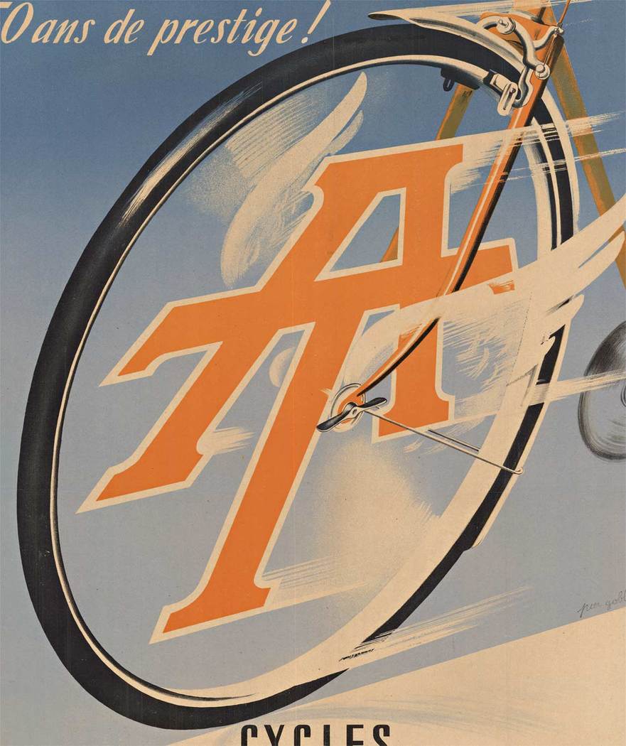 Original “Cycles Alphonse Thomann” 50th Anniversary vintage poster. <br>Printed in 1949. Artist: Pier Gobbe. <br>Printer: Imp. Lafayette, Paris, France. <br>Archival linen backed and ready to frame. <br> <br>The color palate of this vintage poster