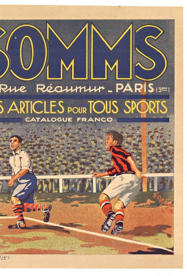  <br>This horizontal sports poster shows three players on a soccer field. The goalie has captured the soccer ball in the image as the other members try to determine his action. You can see the crowd in the stadium watching this tournament. Somms sup