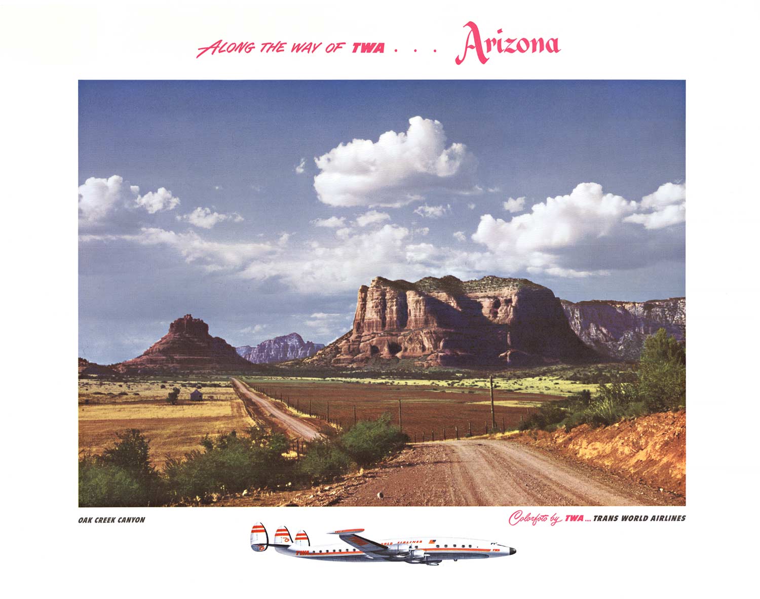 Original Arizona Oak Creek Canyon TWA Constellation aircraft vintage travel poster. <br>Archival linen backed from the 1950s <br>Excellent condition, ready to frame. Although a few of these posters for Oak Creek Canyon have survived, few if any survive