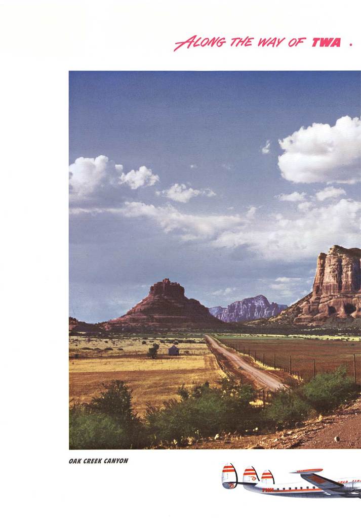 Anonymous Artists - Arizona Oak Creek Canyon . TWA Constellation Original Arizona Oak Creek Canyon TWA Constellation aircraft vintage travel poster. <br>Archival linen backed from the 1950s <br>Excellent condition, ready to frame. Although a few of these posters for Oak Creek Canyon have survived, few if any survive