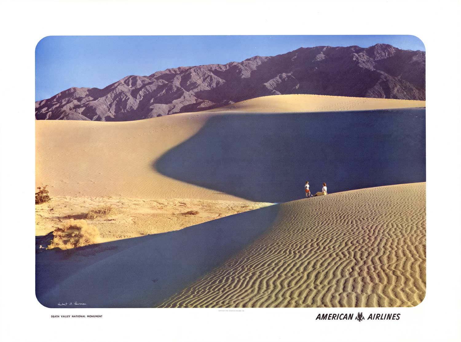 Original Death Valley Monument, American Airlines vintage travel poster. Archivlal linen backed in fine conditon, ready to frame. Horizontal format. Year: 1954 <br>Artist: Hubert A Lowman (1913 - 2006) <br> <br>Death Valley National Monument is a