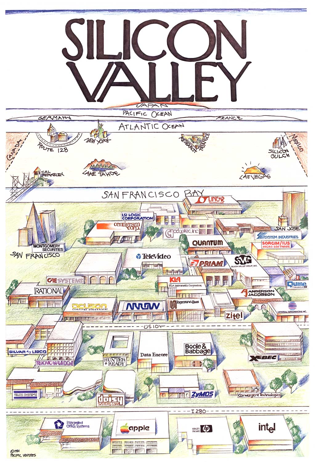Original "Silicon Valley" vintage poster. Fun Map. <br>Archival linen backed. Printed: 1984. Printed Pacific Ventures. <br> <br>This is a rare, original Silicon Valley poster, printed by Pacific Ventures in 1984. The poster features a fun map of Si