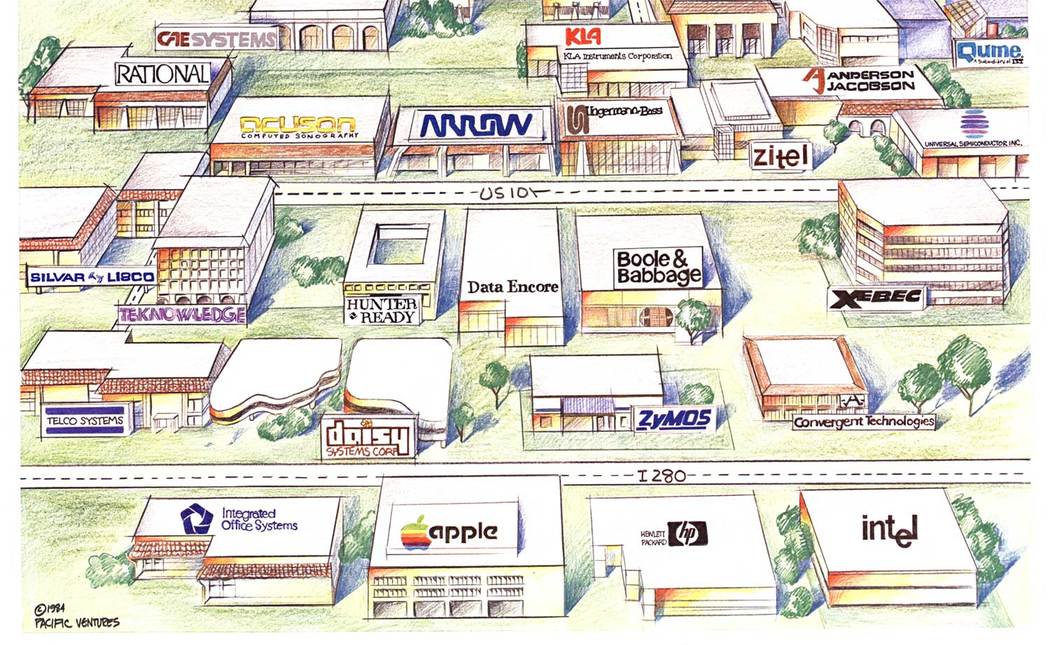 Original "Silicon Valley" vintage poster. Fun Map. <br>Archival linen backed. Printed: 1984. Printed Pacific Ventures. <br> <br>This is a rare, original Silicon Valley poster, printed by Pacific Ventures in 1984. The poster features a fun map of Si