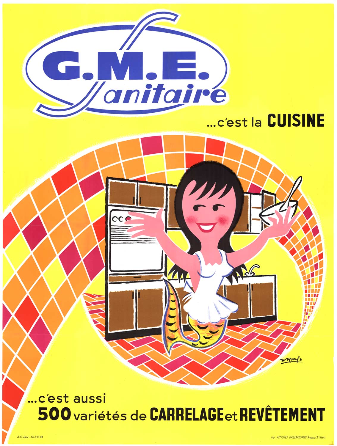 Original G.M.E. Sanitaire vintage French poster. Linen backed in very good condition and ready to frame. <br> <br>GME Sanitaire c'est la Cuisine is a French vintage poster that has been linen backed for preservation. The poster advertises the GME tile a