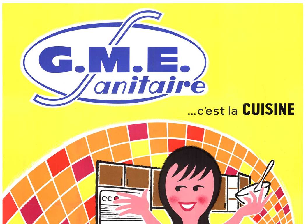 Original G.M.E. Sanitaire vintage French poster. Linen backed in very good condition and ready to frame. <br> <br>GME Sanitaire c'est la Cuisine is a French vintage poster that has been linen backed for preservation. The poster advertises the GME tile a