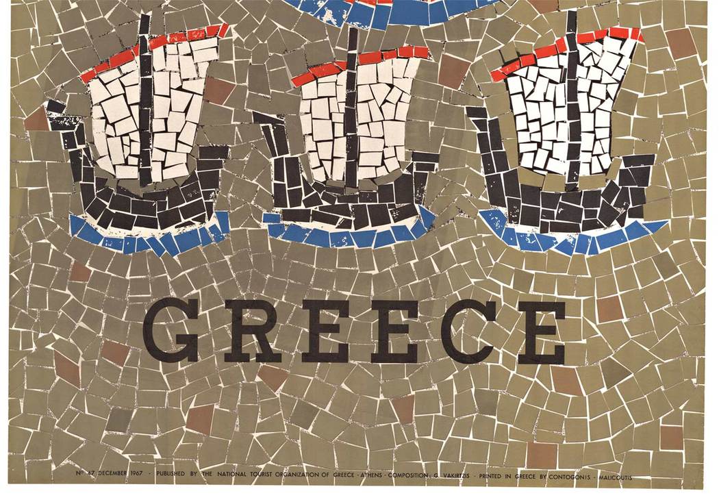 Original “Greece” vintage travel poster. Archivally linen backed and ready to frame. <br> <br>is is an original 1967 Greece vintage travel poster. It is archival linen backed for stability and durability. The background of the poster is designed with a b