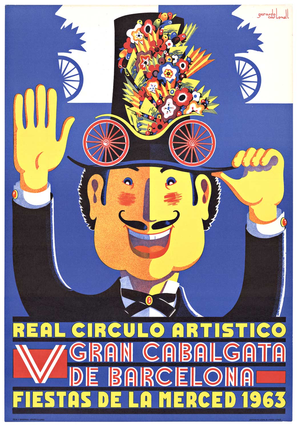 Original Real Circulo Artistico Gran Cabalgata de Barcelona vintage poster. . A fun and uplifting image with smiles, parties, and flowers. <br> <br>Real Circulo Artistico is an institution dedicated to supporting the arts in Barcelona. The Gran Cab
