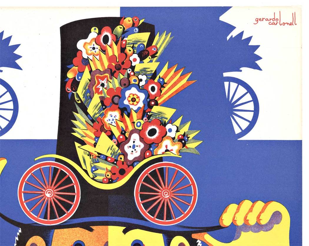 Original Real Circulo Artistico Gran Cabalgata de Barcelona vintage poster. . A fun and uplifting image with smiles, parties, and flowers. <br> <br>Real Circulo Artistico is an institution dedicated to supporting the arts in Barcelona. The Gran Cab