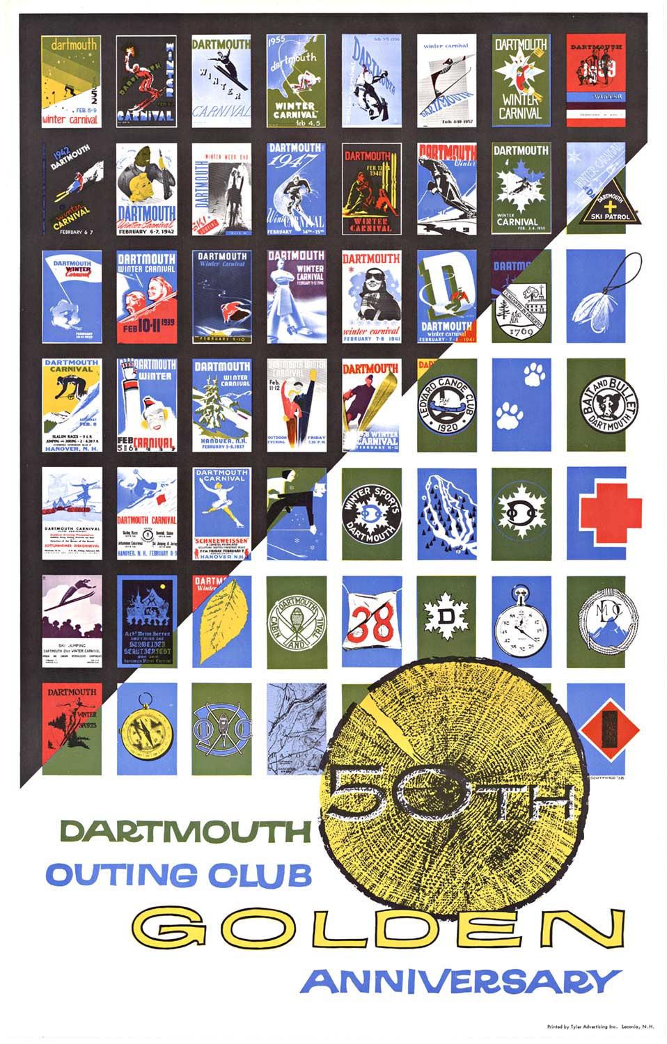 Original Dartmouth Outing Club Golden 50th Anniversary. Archivally linen backed in excellent condition, ready to frame. The image on this poster features vignettes of previous 50 posters created for the Dartmouth ski club. Printed by Tyler Advertising