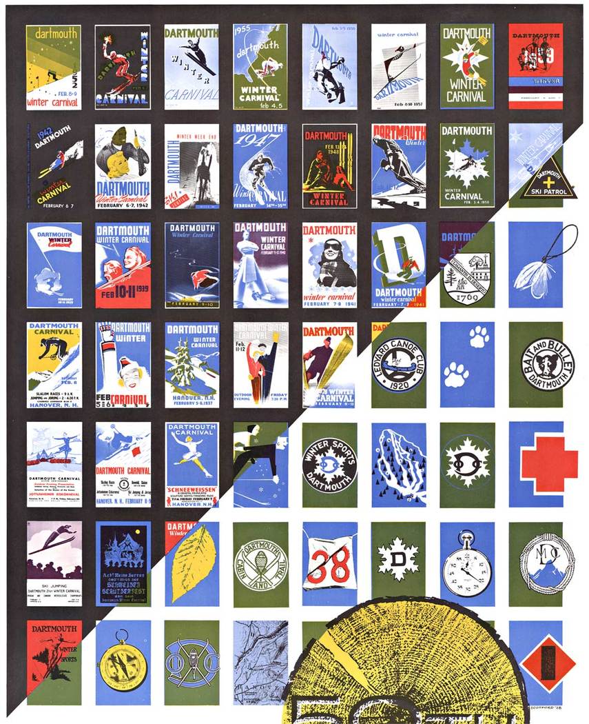 Original Dartmouth Outing Club Golden 50th Anniversary. Archivally linen backed in excellent condition, ready to frame. The image on this poster features vignettes of previous 50 posters created for the Dartmouth ski club. Printed by Tyler Advertising