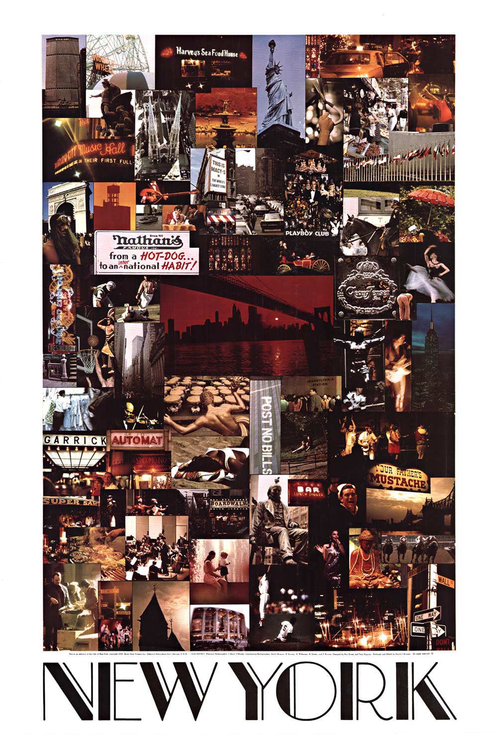 Original "New York" 1970 vintage poster. Linen backed in excellent condition, ready to frame. Very clean. Artist: David J. <br> <br>This is a vintage 1970 lithograph poster featuring a montage of New York. A portion of the text along the bottom re