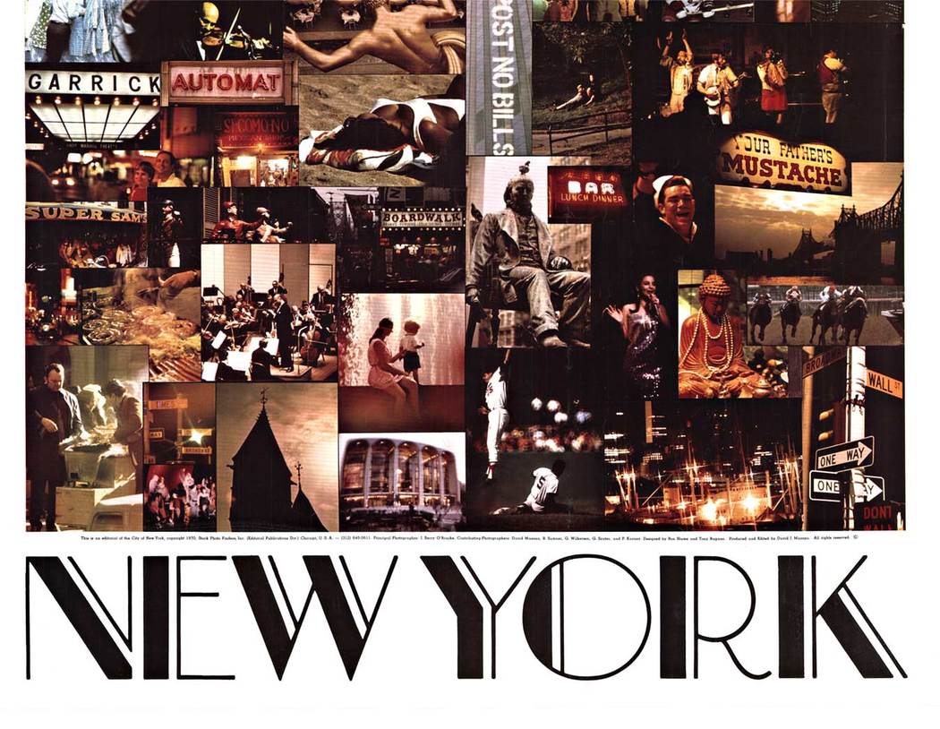 Original "New York" 1970 vintage poster. Linen backed in excellent condition, ready to frame. Very clean. Artist: David J. <br> <br>This is a vintage 1970 lithograph poster featuring a montage of New York. A portion of the text along the bottom re