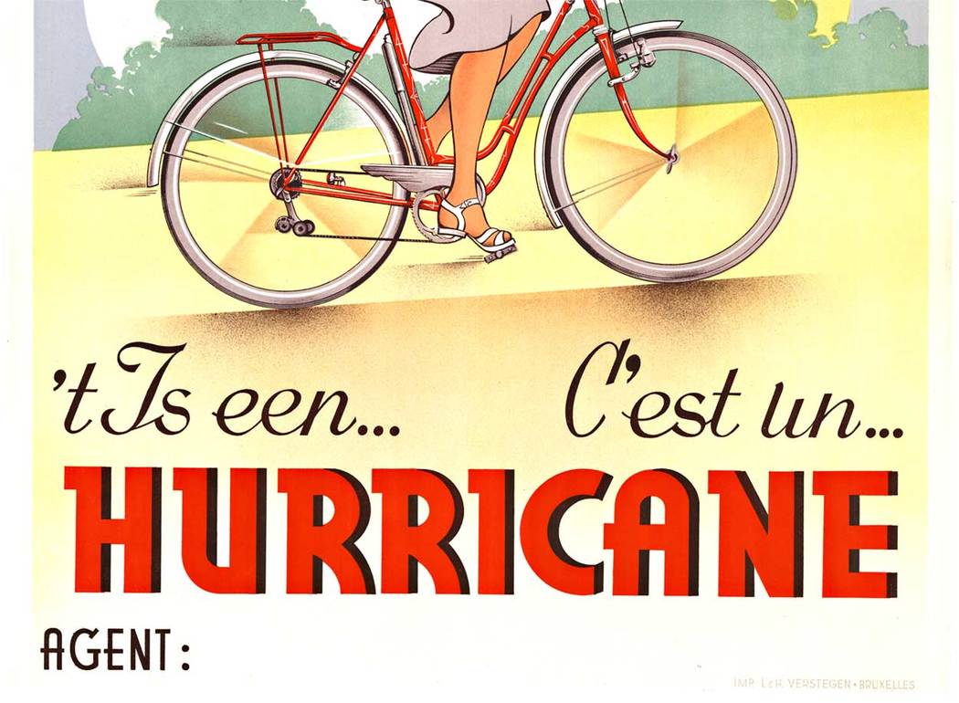 Original Hurricane Bicycle vintage poster. Archivally linen backed in mint condition 72-year-old poster, ready to frame. <br> <br>This is an original mid-century modern vintage Hurricane bicycle poster. The poster features a pin-up style young woman r