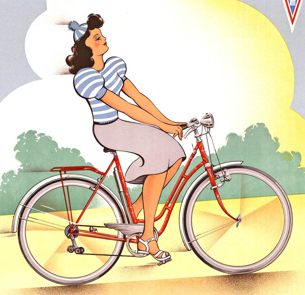 Original Hurricane Bicycle vintage poster. Archivally linen backed in mint condition 72-year-old poster, ready to frame. <br> <br>This is an original mid-century modern vintage Hurricane bicycle poster. The poster features a pin-up style young woman r