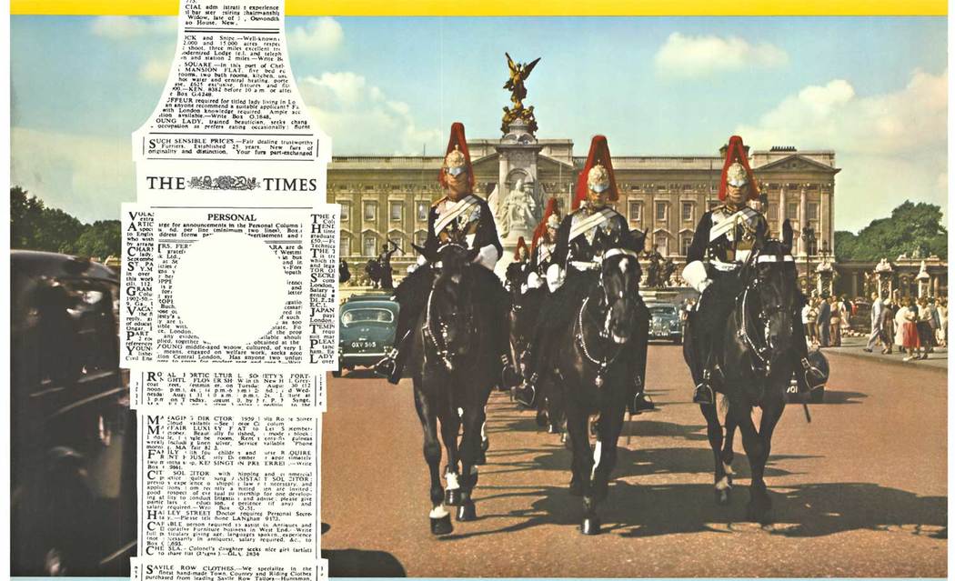 The image of the Royal Horse Guards in front of Buckingham Palace and an image of Big Ben that was created from newspaper clippings make up the majority of this design. The bold writing in dark red on light blue highlights the company’s name.