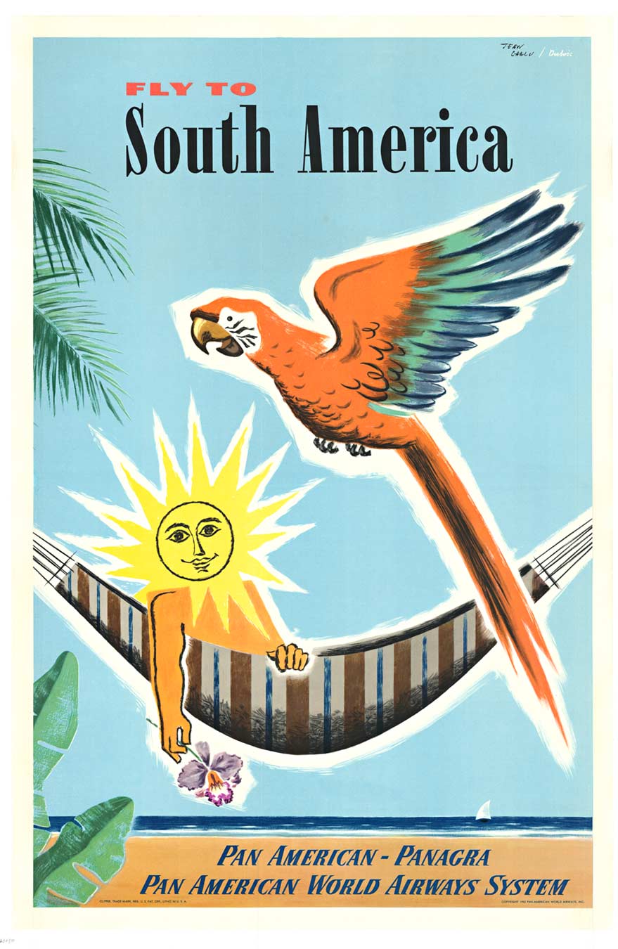  This poster exudes warmth and relaxation, featuring a colorful parrot flying above a man lying in a hammock, whose head is transformed into a smiling sun. With palm fronds swaying in the breeze and a distant sailboat on the peaceful ocean, the scene is r