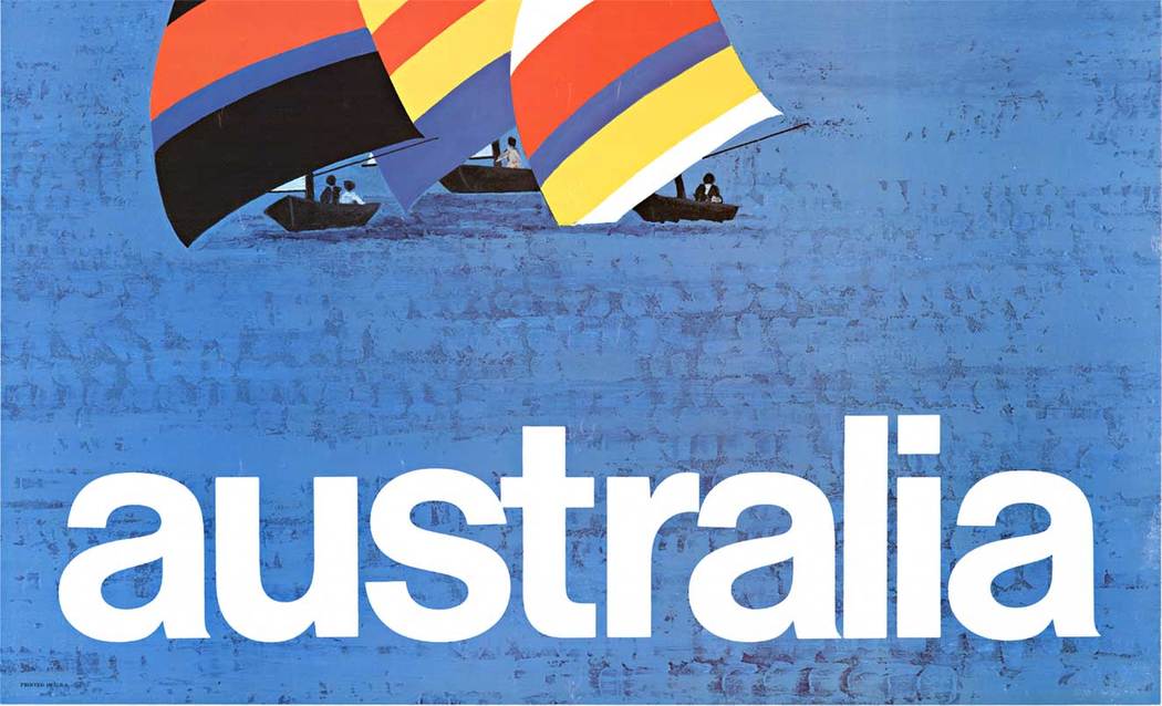 The poster shows sailboats crossing the ocean in a mirror of the opera house roof. The Sydney Opera House opened in 1973 and was designed by Danish architect Jorn Utzen. The building is now has a UNESCO World Heritage status.