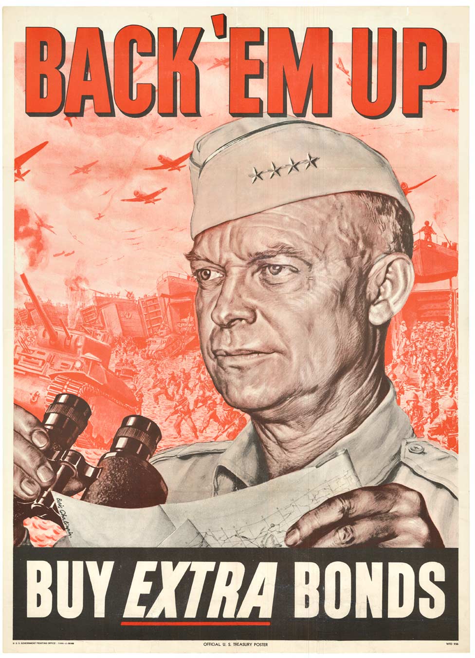  The striking design features a powerful image of D-day, tanks, airplanes, and the legendary 4 Star General Eisenhower holding binoculars and a map. Display this iconic poster in your home or office to commemorate the bravery and sacrifice of those who fo