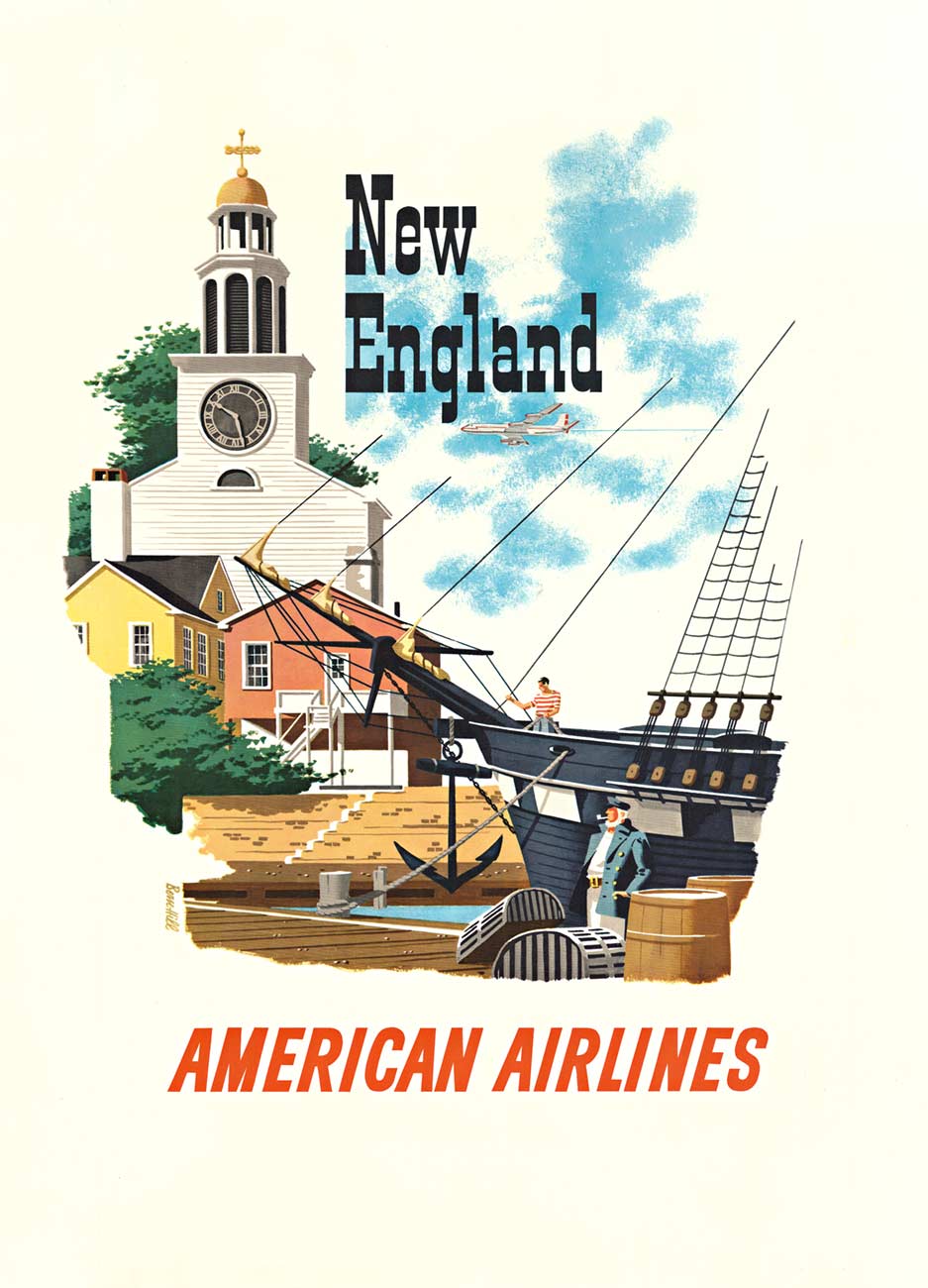 . Designed by Bern Hill, this artwork showcases a serene image of a ship docked at port and a majestic bell tower, depicting the charm and beauty of New England.