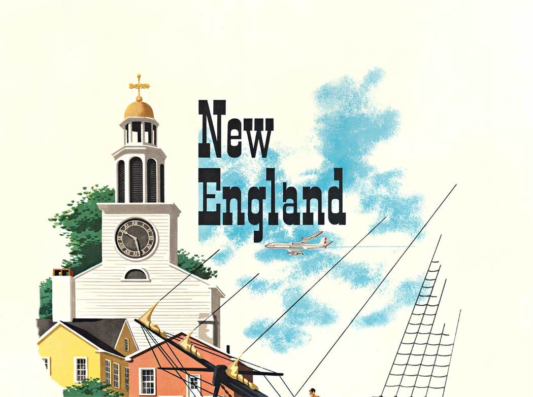 . Designed by Bern Hill, this artwork showcases a serene image of a ship docked at port and a majestic bell tower, depicting the charm and beauty of New England.