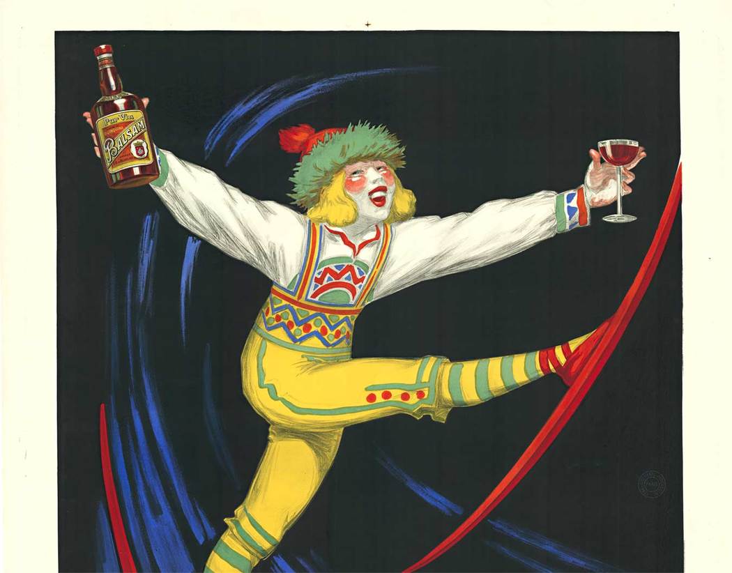This image of a brightly dressed skier, with one leg high in the air is holding a bottle of this Balsam aperitif and in the other hand a glass. The image, which has a dark background highlighted with royal blue, makes this skier pop off the poster.