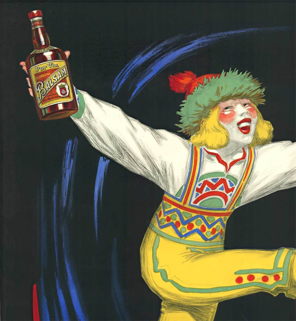 This image of a brightly dressed skier, with one leg high in the air is holding a bottle of this Balsam aperitif and in the other hand a glass. The image, which has a dark background highlighted with royal blue, makes this skier pop off the poster.