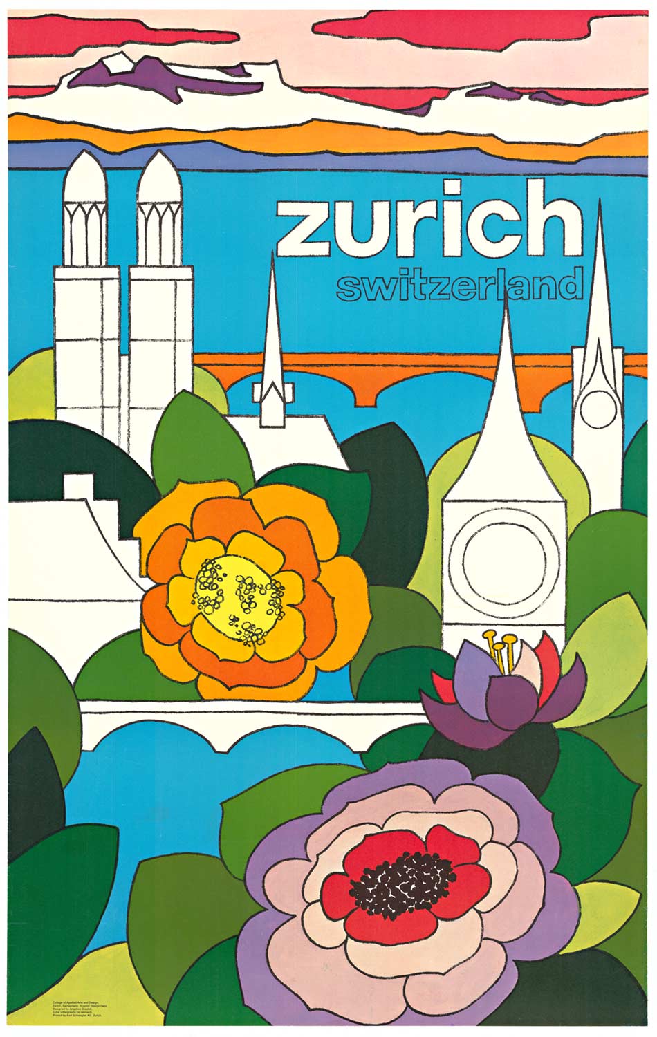 This original poster features a colorful psychedelic design by Angelica Grazioli from the College of Applied Arts and Design in Zurich. The image shows the towers and spires of Zurich emerging from between oversized flowers and an orange bridge crossing a