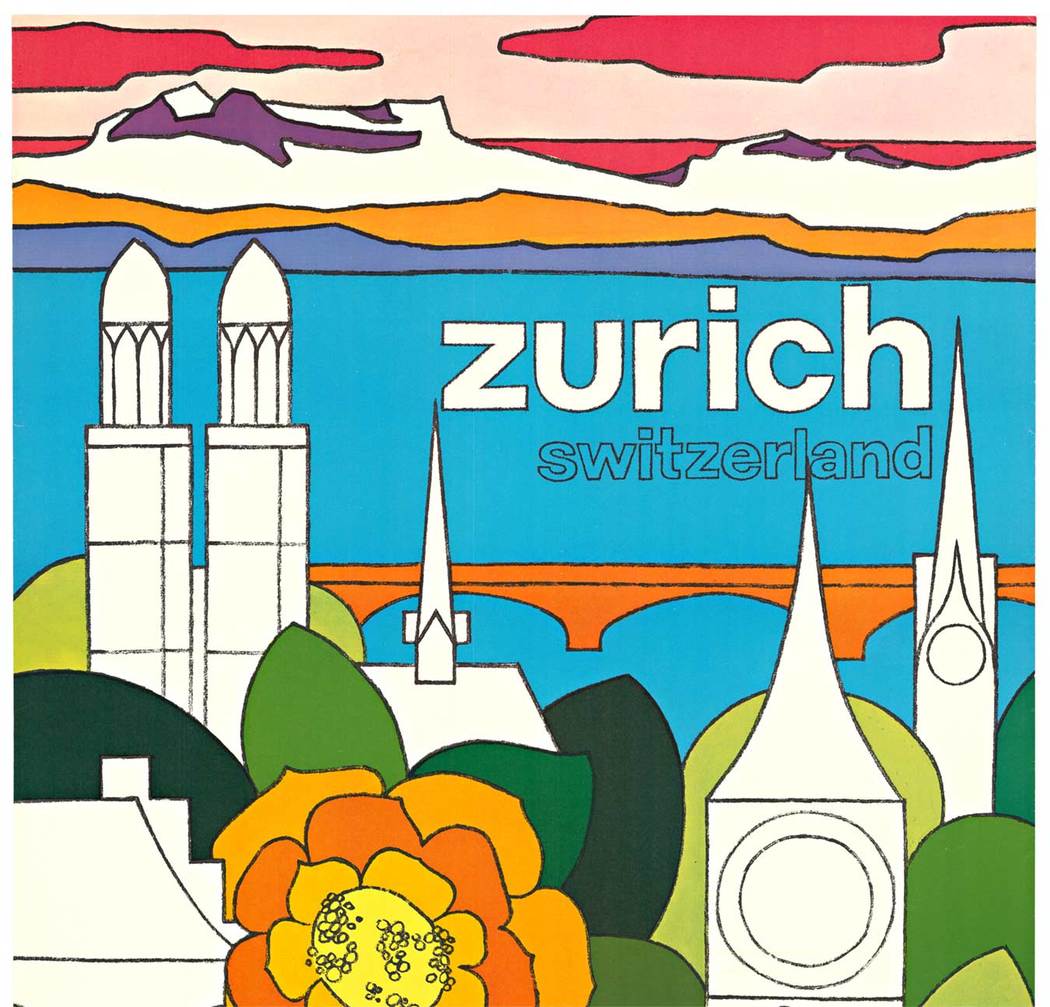 This original poster features a colorful psychedelic design by Angelica Grazioli from the College of Applied Arts and Design in Zurich. The image shows the towers and spires of Zurich emerging from between oversized flowers and an orange bridge crossing a