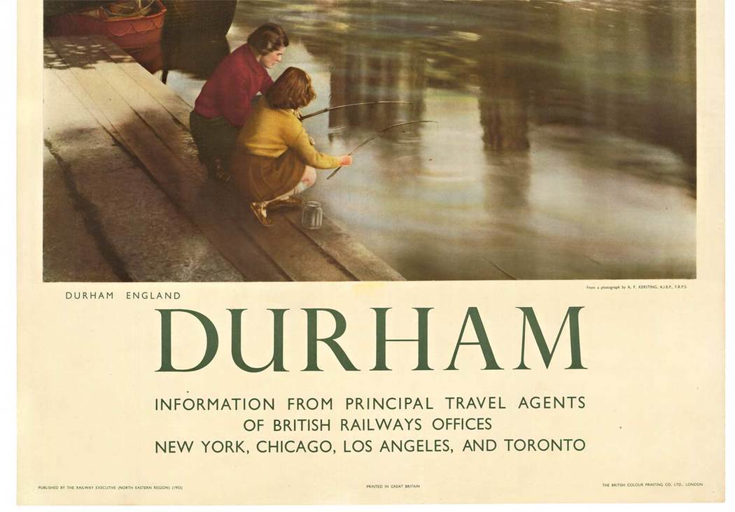 The image on the poster is an original 1953 artwork by Anthony Frank Kersting, showcasing two women sitting under a tree by the river, engaged in fishing. <br>Durham England Theme: The poster highligh
