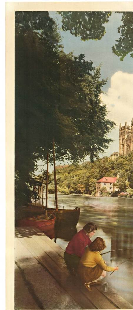 The image on the poster is an original 1953 artwork by Anthony Frank Kersting, showcasing two women sitting under a tree by the river, engaged in fishing. <br>Durham England Theme: The poster highligh