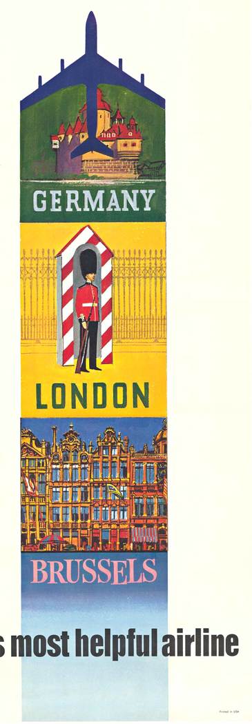 The image features an iconic image from various cities where Sabena World Airlines flies. Rome with the Coliseum, Paris with the Eifel Tower, Greece with the Parthenon, <br> Germany with one of its castles, London with the Royal Guard, and Brussels wi