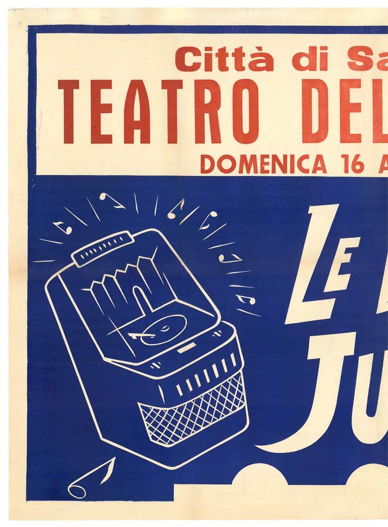 Le Voci dei JUKE-BOX. Original Teatro Della Palme, Citta di San Remo vintage poster. Conservation linen backed in very good condition, ready to frame. Fold marks restored. Sunday, 16 August 1959. <br> <br>It wasn't until 1937 that the music-playing m