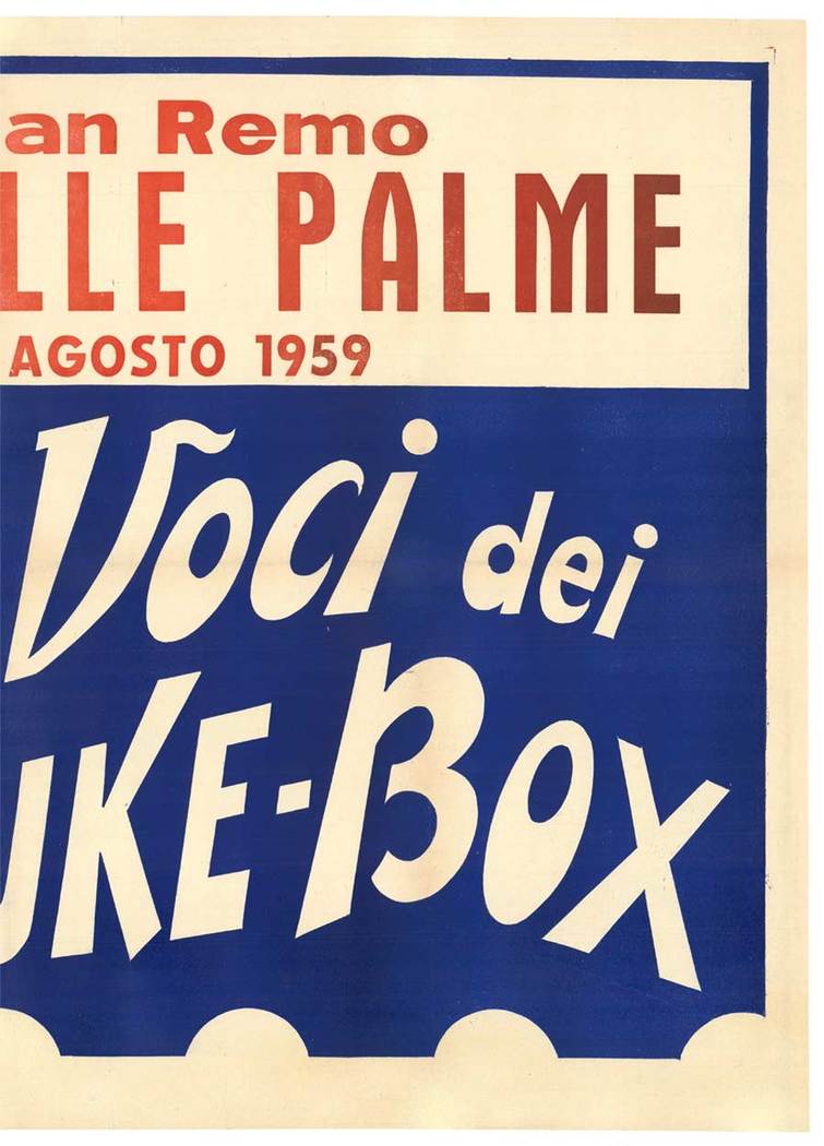 Le Voci dei JUKE-BOX. Original Teatro Della Palme, Citta di San Remo vintage poster. Conservation linen backed in very good condition, ready to frame. Fold marks restored. Sunday, 16 August 1959. <br> <br>It wasn't until 1937 that the music-playing m
