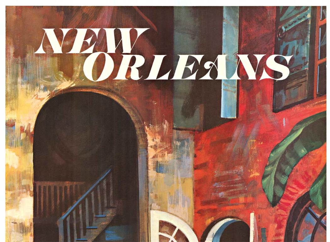 Orignal NEW ORLEANS GREYHOUND vintage travel poster; larger format size. Excellent condition that has acid-free archival linen backing; ready to frame. <br> <br>This image is from the old French Quarter sectionof New Orleans. It features two women ente
