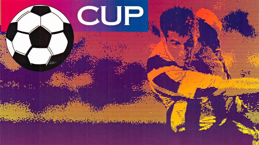  A very seldom-seen original soccer poster. <br> <br>The poster, created in a pop art style with multiple colors, shows one of the soccer players in action. American Airlines Cup and a large soccer ball are in the upper left corner. Coca-Cola was a s