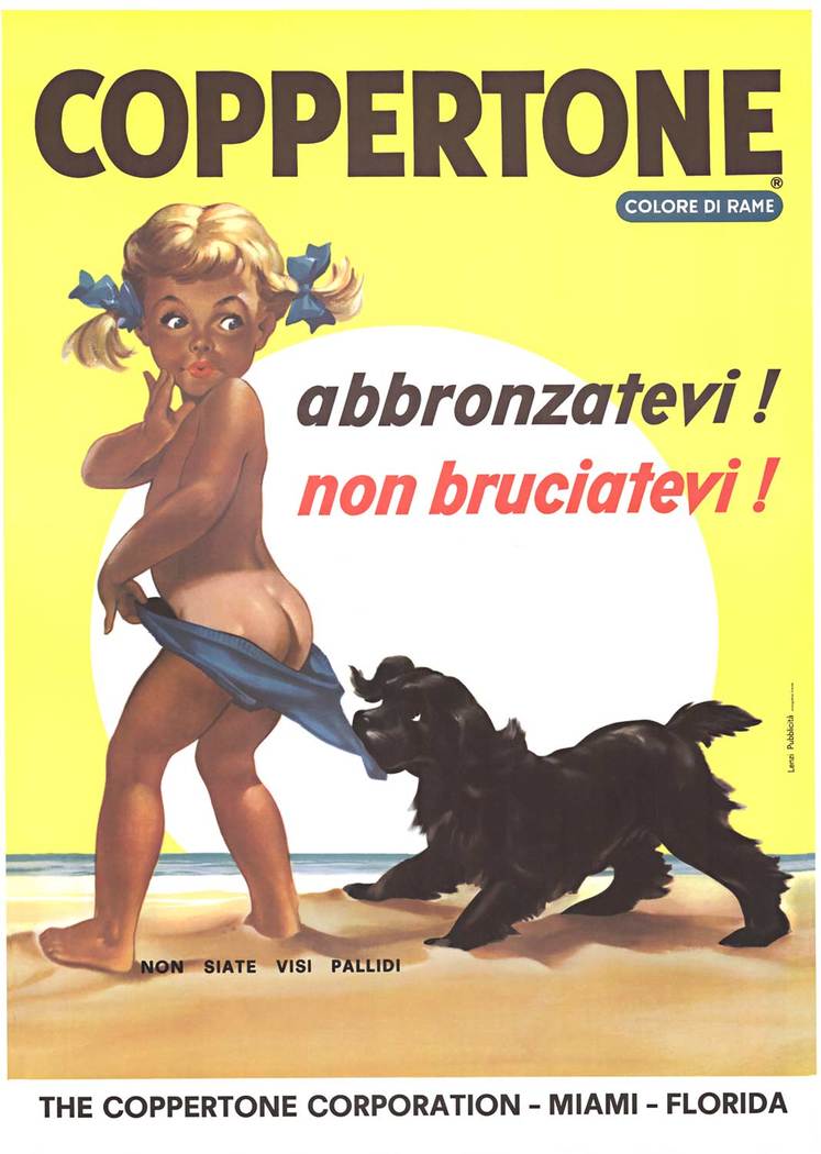 The background in the poster is a brighter yellow, after all it is a sunny day and you need suntan lotion! <br> <br>Coppertone is an American suntan cream. Interestingly, the American poster of this famous little girl and dog image is nearly impossible 