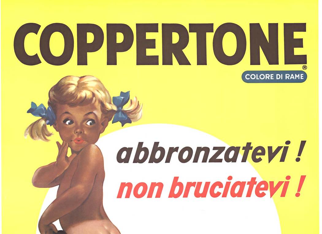 The background in the poster is a brighter yellow, after all it is a sunny day and you need suntan lotion! <br> <br>Coppertone is an American suntan cream. Interestingly, the American poster of this famous little girl and dog image is nearly impossible 