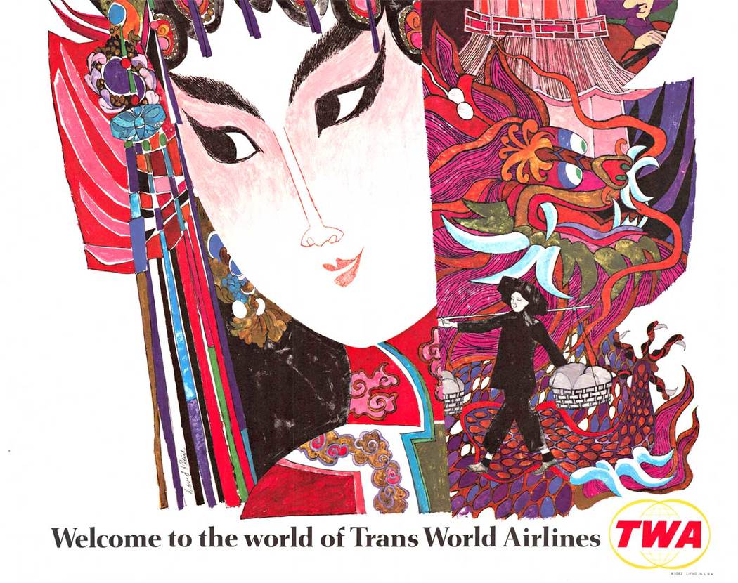Original HONG KONG TWA vintage travel poster. Welcome to the world of Trans World Airline. Archival linen-backed in excellent condition, ready to frame. <br> <br>The image is a collage of scenes from Hong Kong created by David Klein. The main image is