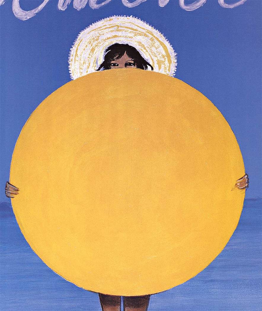 A linen-backed original poster created by the city of Rimini to promote the beauty of their sunny beaches, this lovely woman in a straw hat holds a large yellow beach ball to mimic the sun. The soft blue background conveys the peaceful nature of the beac