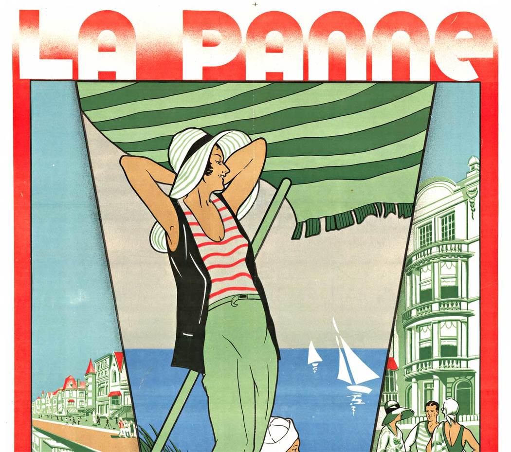 Beautiful art deco original vintage poster La Panne from 1932. A chromolithograph with the addition of silver ink makes this original Belgium beach poster pop! <br>Fashionable people are shown on the beach's boardwalk while others are sunbathing on the be