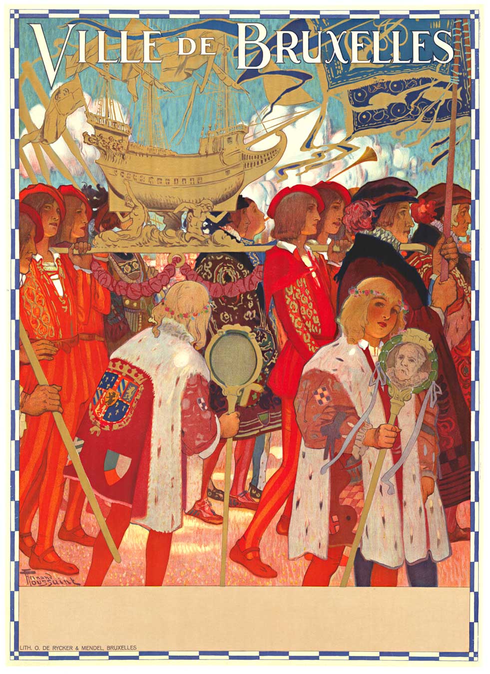  <br>An Art Nouveau poster Ville de Bruxelles, City of Brussel, by Fernand Toussaint, Belgian, 1873 to 1963. Color lithograph on paper. It was signed in the print on the lower left. This poster was realized for the inauguration of the harbor installations