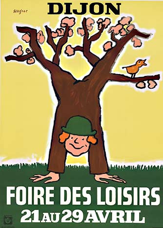French poster with a man shapped like a tree for the Dijon France Fair. Linen backed, fun poster, The cherry blossoms are blooming