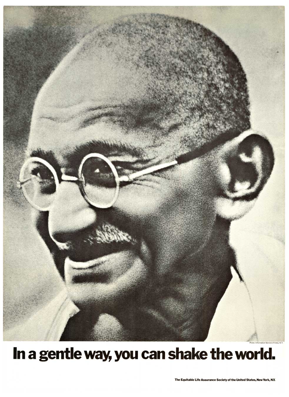 Original Mahatma Gandhi vintage poster. Photo: Information Services of India, N.Y. In a gentle way, you can shake the world. <br>The Equitable Life Assurance Society of the United States, New York, NY. <br>Archival linen backed, ready to frame, Grad A